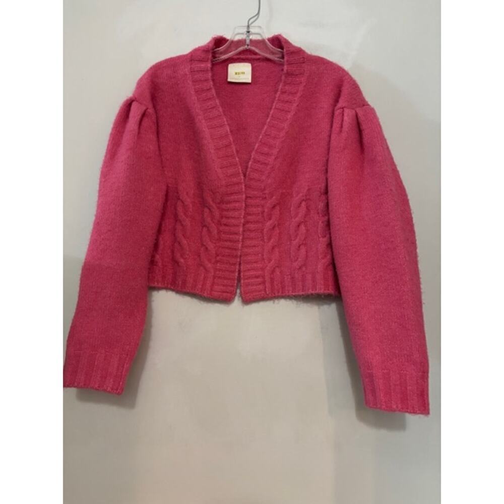 Anthropologie Maeve Open Front Cardigan Sweater Cropped Pink Cable Knit L